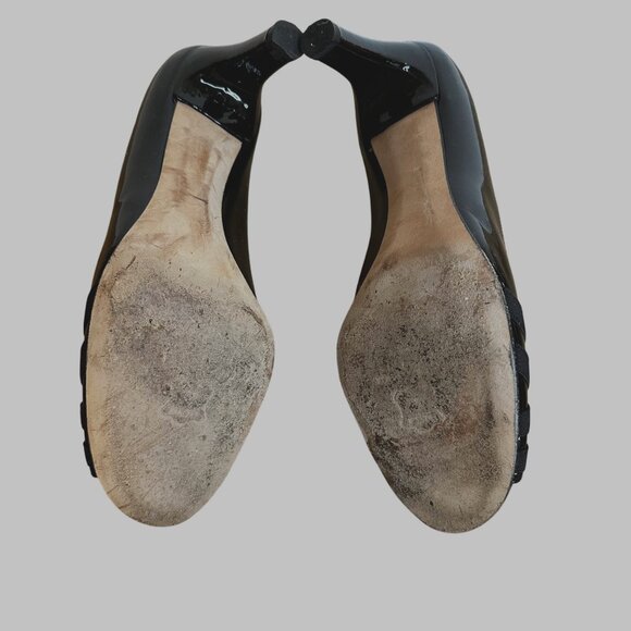 STUART WEITZMAN Black Patent Leather Peep Toe Heels 9M Classic Dress Pumps Luxe - Picture 6 of 9